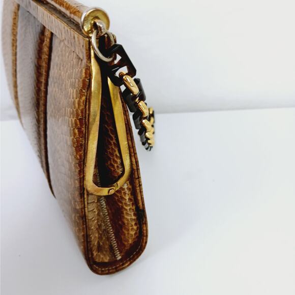 Vintage Genuine Snakeskin Clutch Purse With Chain Brown Cobra Head Markings - Picture 9 of 10